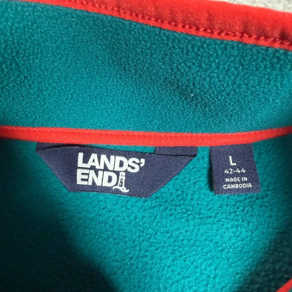 Lands End Mens Large Colorblock Fleece Snap Neck Pullover Teal Navy Orange-Red